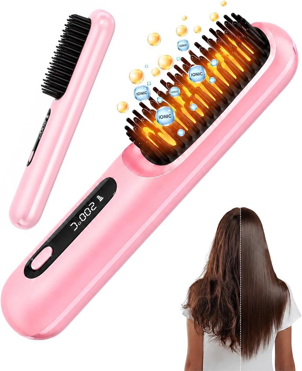 New Nufcufy Go Brush Pro Cordless Ionic Hair Straightener Brush (Pink)